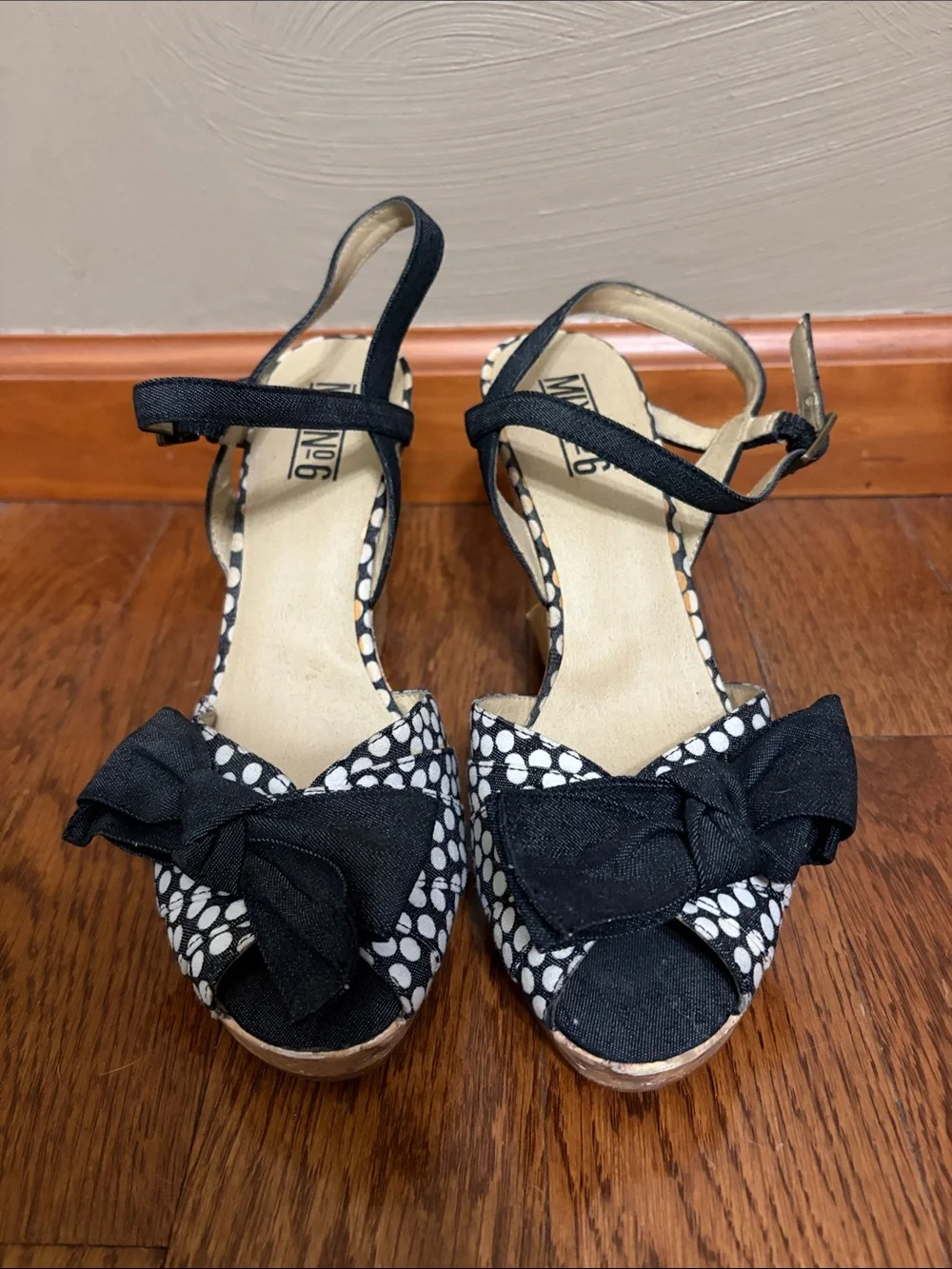 Mix No. 6 Black and White Polka Dot Bow Wedge Sandals